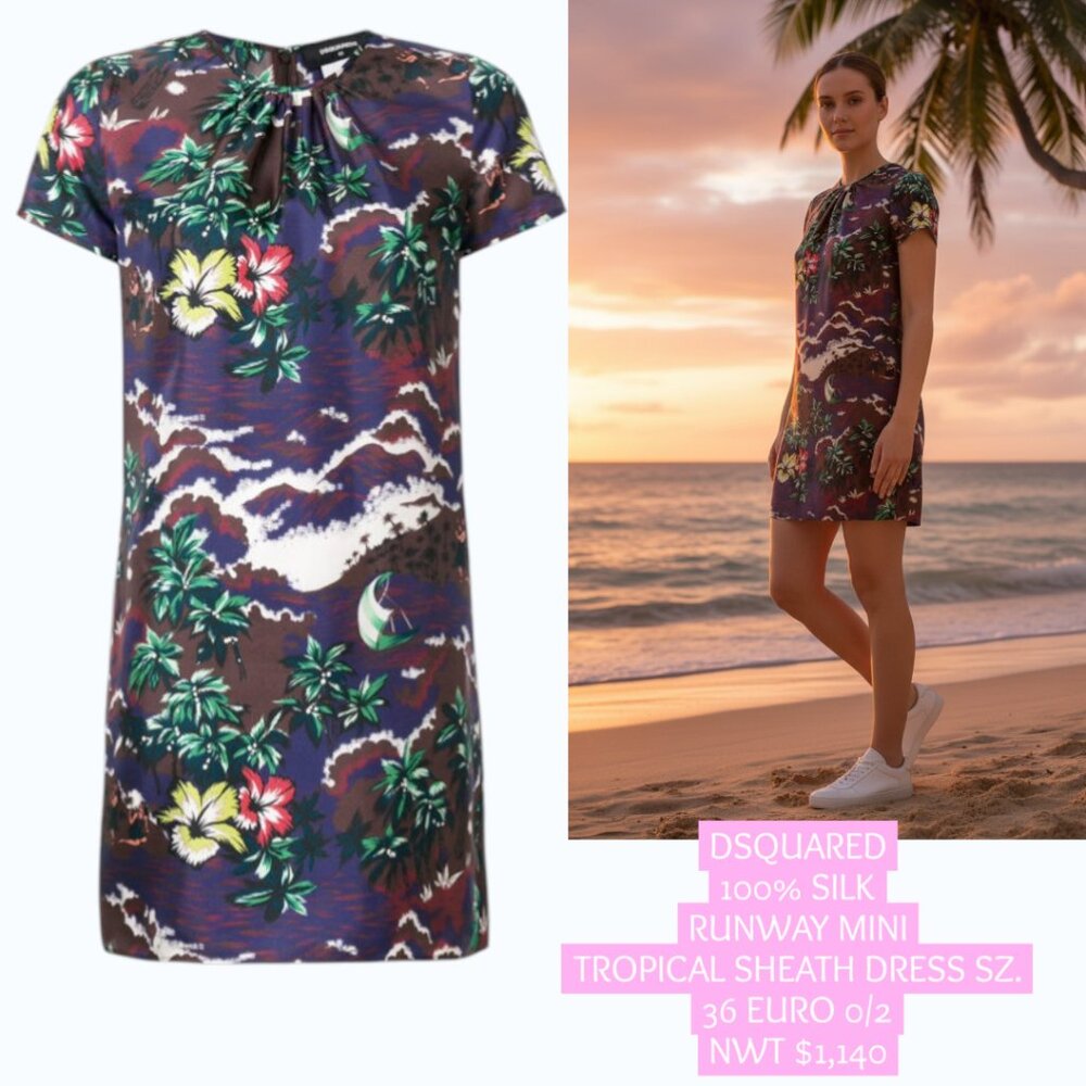 NWT‎ DSQUARED2 Runway 100% Silk Tropical Island Mini Dress - Euro 36 / US 0-2